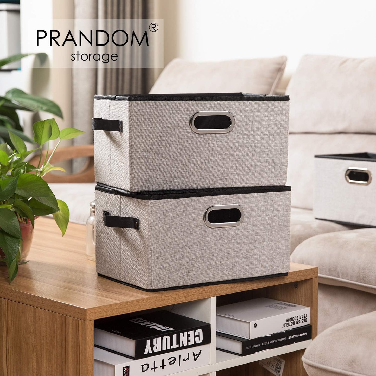 PRANDOM Fodable Storage Baskets for Closet [5-Pack] Decorative Fabric Storage Bins Cubes with Leather/Metal Handles for Shelves Bedroom Living Room Light Grey (11.5x8.5x6.7 Inch)