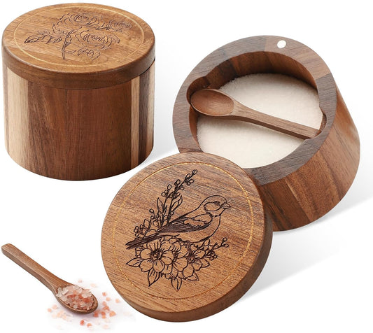 Salt Cellar, 2PCS Salt Container Acacia Wood Salt and Pepper Box for Countertop with Built-in Spoon & Swivel Lid, Wood Salt Holder Bowl for Kitchen, Seasoning Storage (Rose & Bird Engraving)