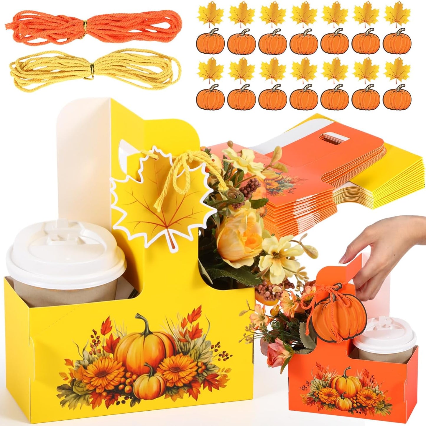 TaoBary 30 Set Fall 2 Cup Drink Carrier with Handle Portable Foldable Tray Drink Holder Yellow Orange Disposable Cardboard Coffee Cup Holder with Pumpkin Maple Leaf Tag, Thanksgiving Fall Gifts