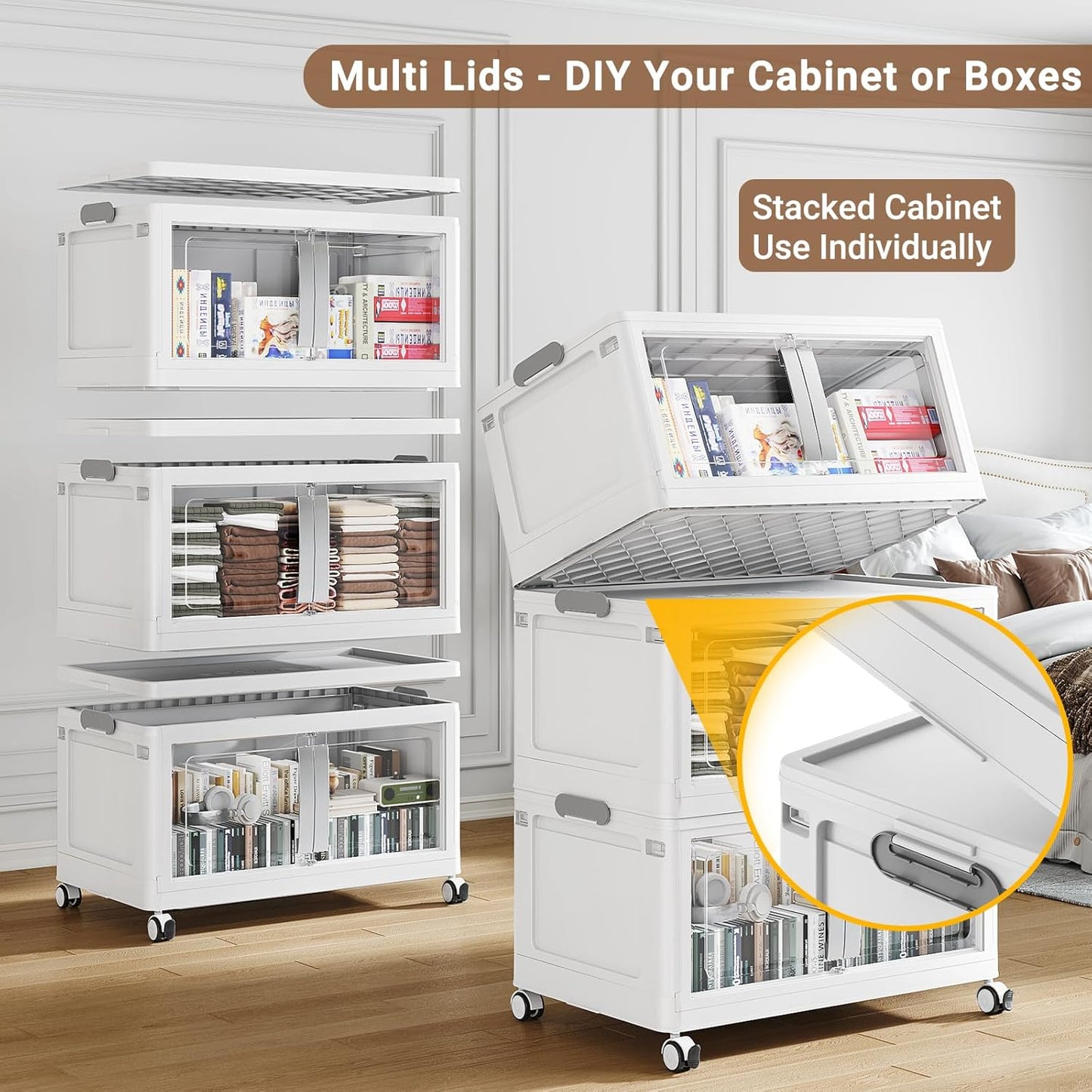 480QT Stackable Storage Bins with Lids, 120Gal Extra Large Collapsible Storage Box with Wheel, Plastic Storages with Clear Door Open Front for Home Bedroom Garage, White-3pack(3 lids)