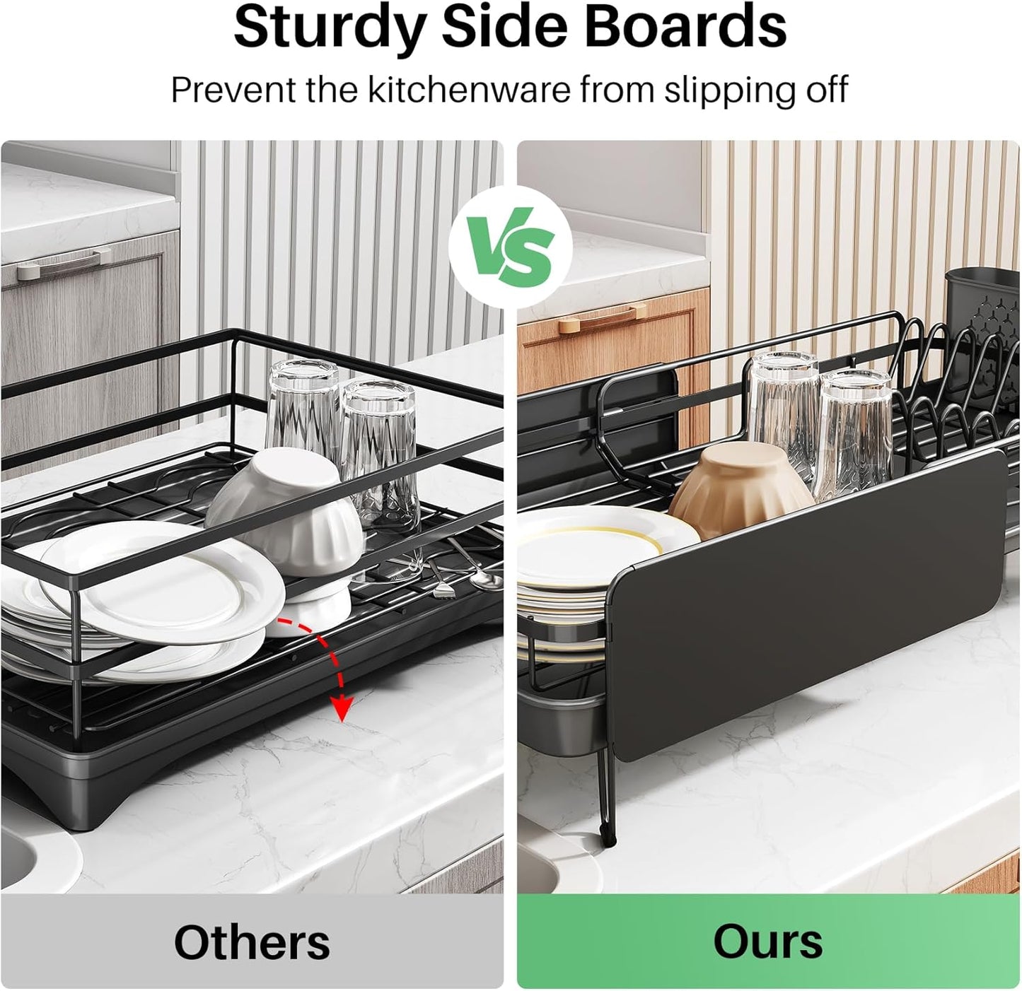 Dish Drying Rack - Large Dish Racks for Kitchen Counter, Expandable Dish Drainers with Cutlery Holder Stainless Steel Rustproof, Black