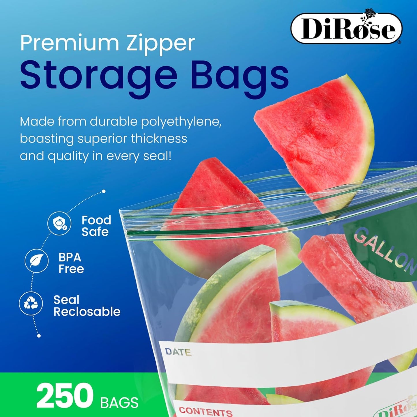 DiRose Gallon Bags Pack of 250 – 1 Gallon Reclosable Storage Bags – Practical and Durable Design – Food Safe Non-BPA Material – Easy Zip Closure – Ideal for Food, Snacks, Dog Treats, Organizing