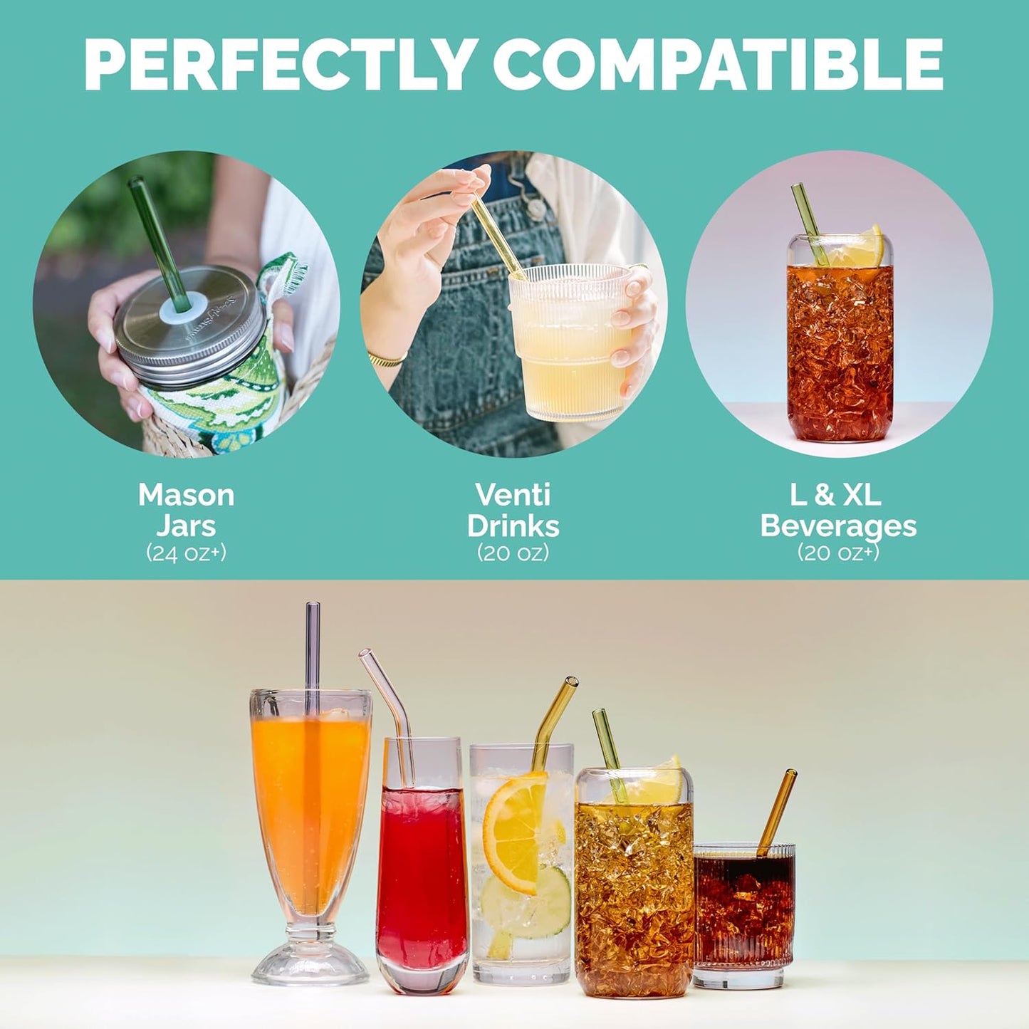 Simply Straws 10 Inch Glass Straws Straight (6-Pack) – Reusable Glass Straws for 24 Oz Mason Jars & Tumblers, with Cleaning Brush – Durable, Dishwasher Safe, Hot & Cold Use, BPA-Free (Iridium)