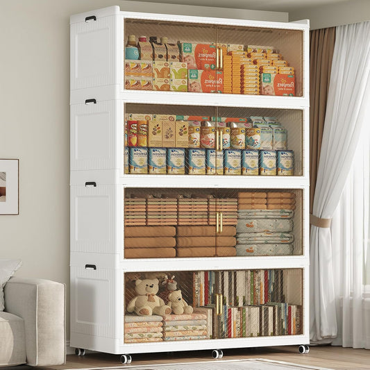 200GAL Extra Large Storage Bins with Lid, 800QT Plastic Stackable Storage Bins with 6x Wheels, Collapsible Closet Organizer and Storage Drawer Cabinet for Living Room Office Dorm, 4Pack White