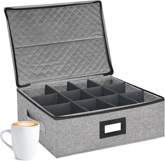 Coffee Mug Storage Box with Dividers, China Storage Containers Hard Shell ,Glassware Storage Containers with Zipper Lid and Handles, Stackable for 12 Mugs, Tea Cups, Moving & Packing (Light Grey)