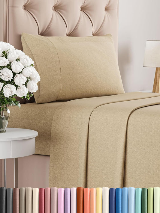 Twin Size 3 Piece Sheet Set - Comfy Breathable & Cooling Bed Sheets Set - Hotel Luxury Bedding for Women, Men, Kids, Teens, Boys & Girls - Deep Pockets, Soft & Wrinkle Free - Tan (Heathered Sheets)