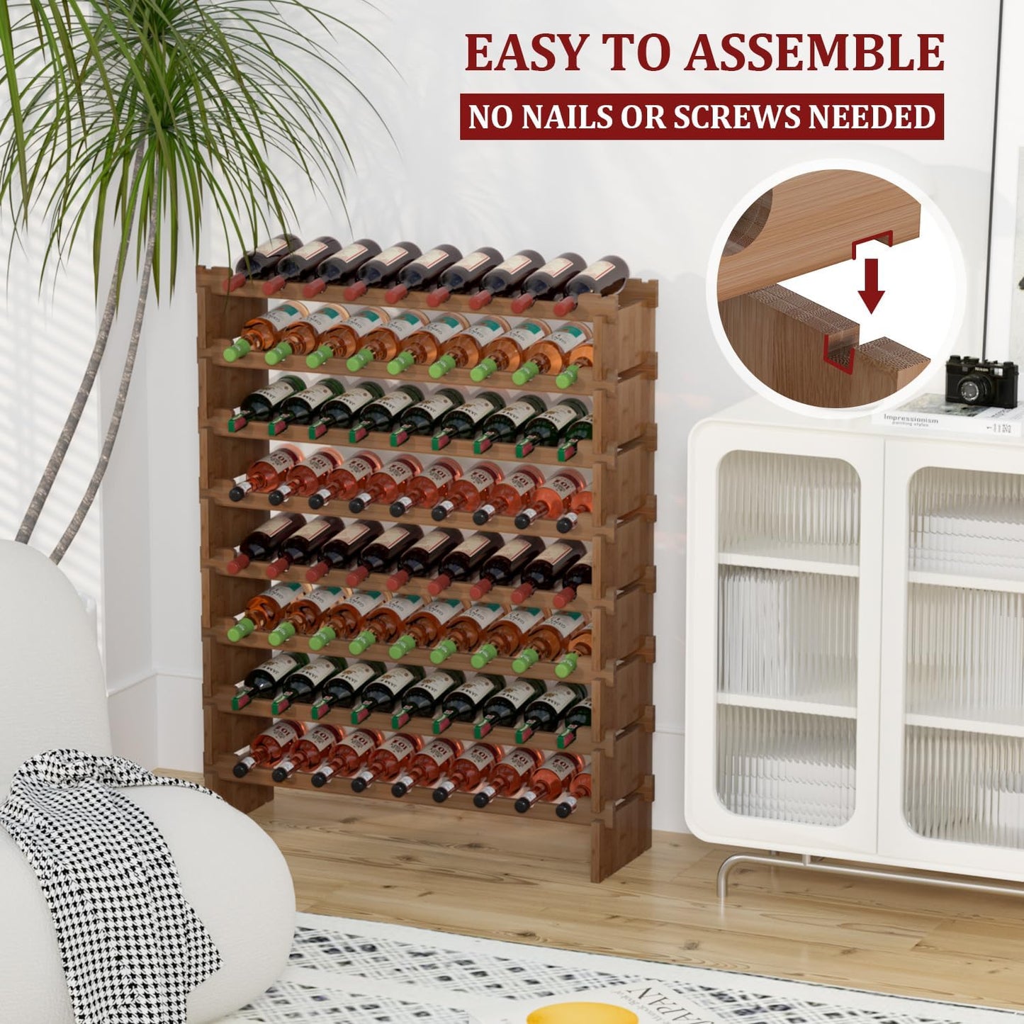 Domax Wine Rack Freestanding Floor - 72 Wine Bottle Holder 8 Tier Stackable Bamboo Wooden Storage Racks for Kitchen, Bar, Pantry and Cellar (Walnut)