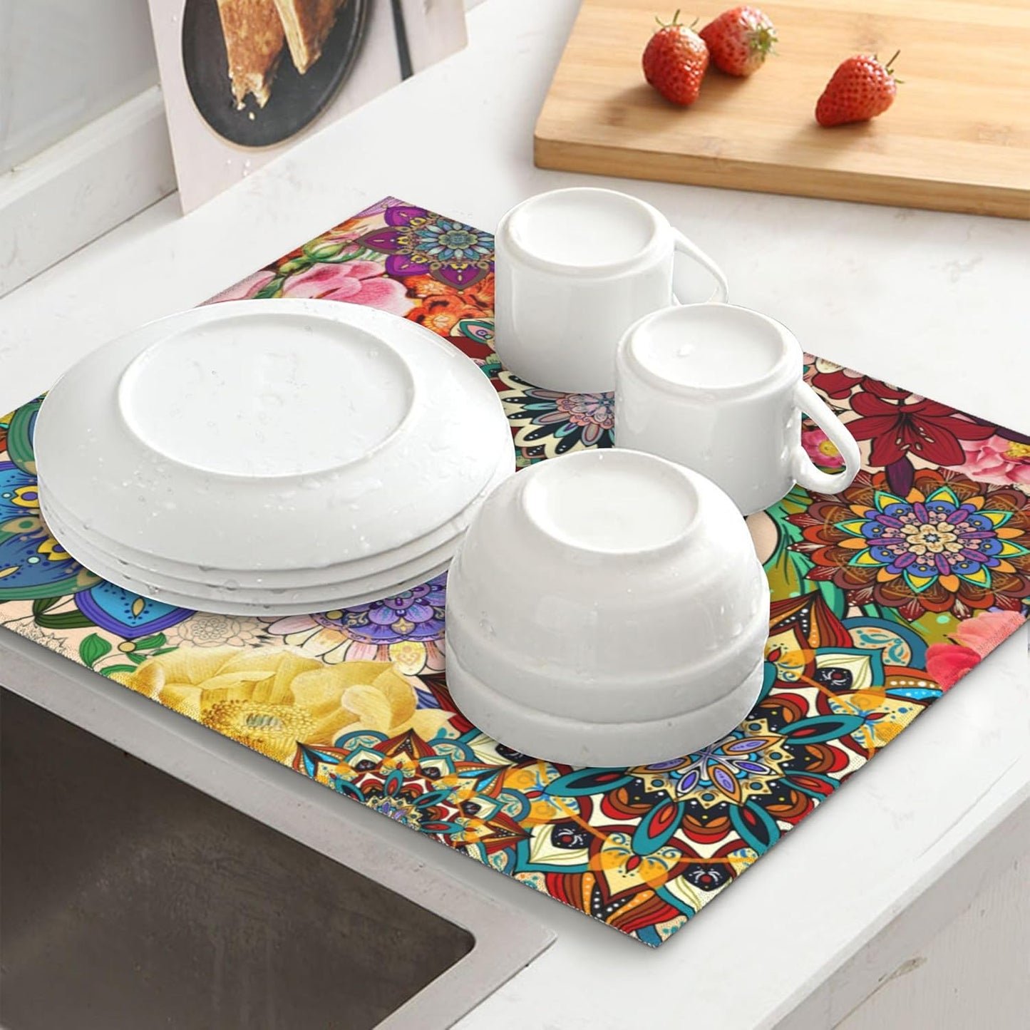 Boho Floral Dish Drying Mat for Kitchen Counter Washable Absorbent Reversible Microfiber Colorful Flowers Drying Pad Kitchen Accessories 16x18 Inch