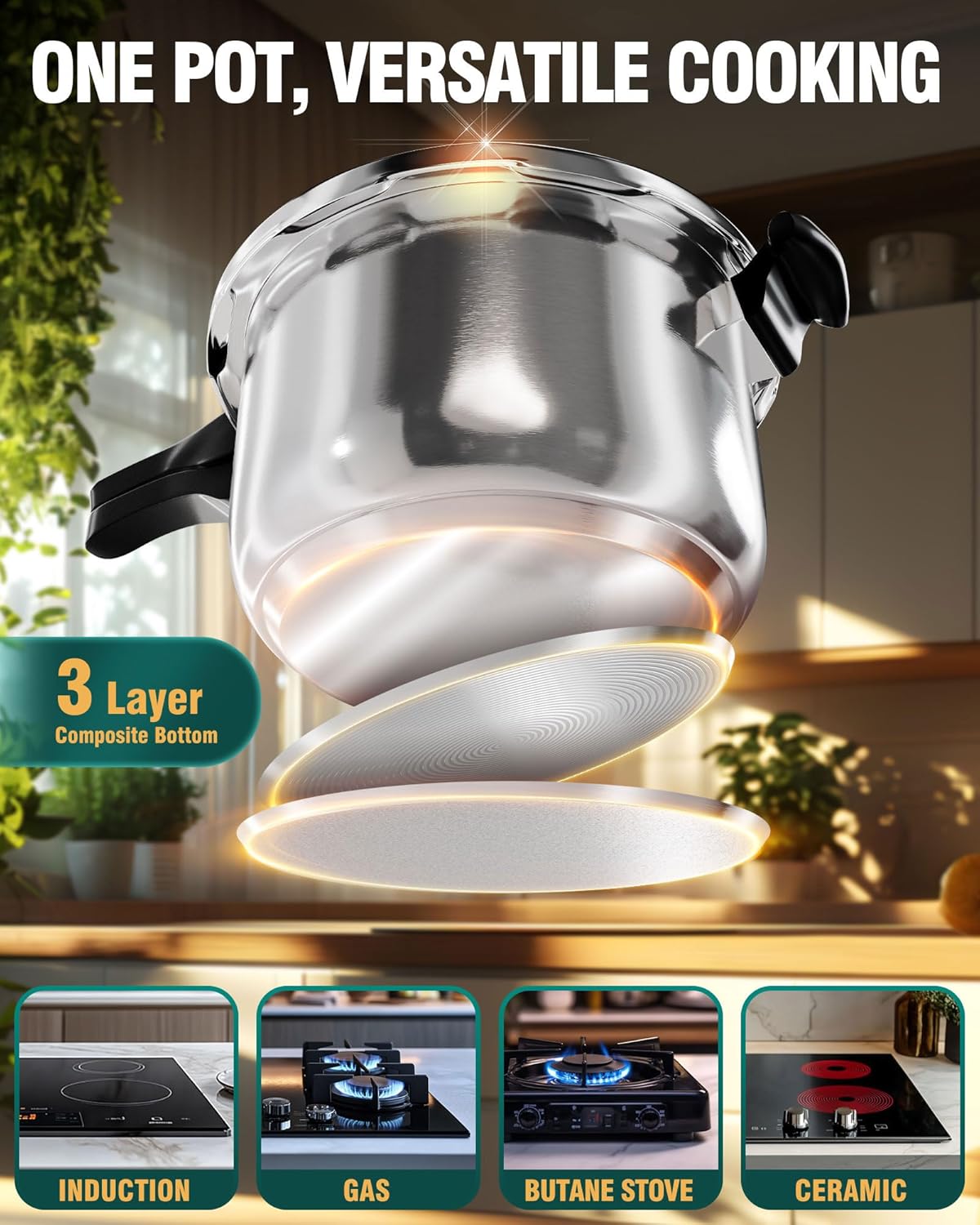 WantJoin Pressure Cooker, 6 Quart Stainless Steel Pressure Canner, Induction Compatible Cookware with Spring Valve Safeguard Devices,Compatible with Gas & Induction Cooker