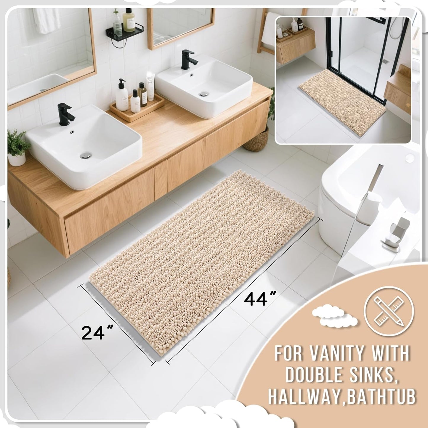 Yimobra Long Bathroom Rugs Non Slip Washable 44x24 Inch - Ultra Soft Absorbent Polyester Bath Mat, Quick Dry Shaggy Floor Carpet for Tub Shower, Light Brown Home Decor Accessories