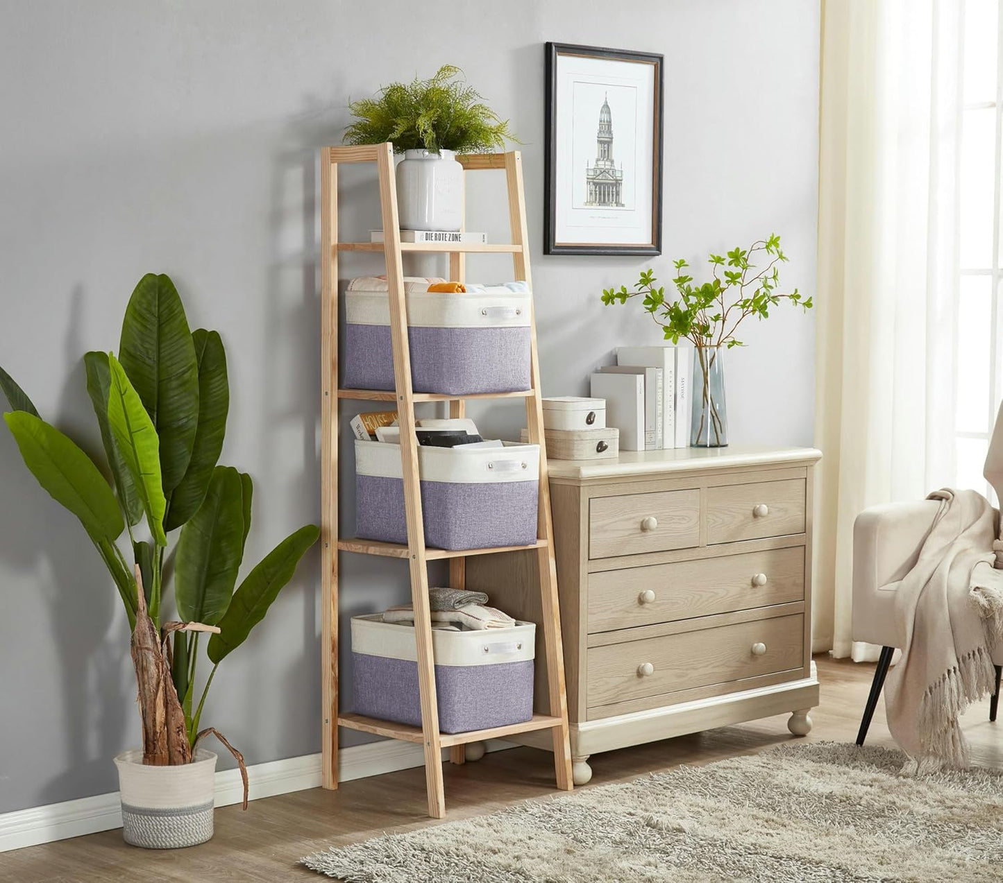 DECOMOMO Storage Baskets for Shelves - Fabric Storage Bins, Linen Closet Organizers and Storage (Purple & White, Large - 3 Pack)