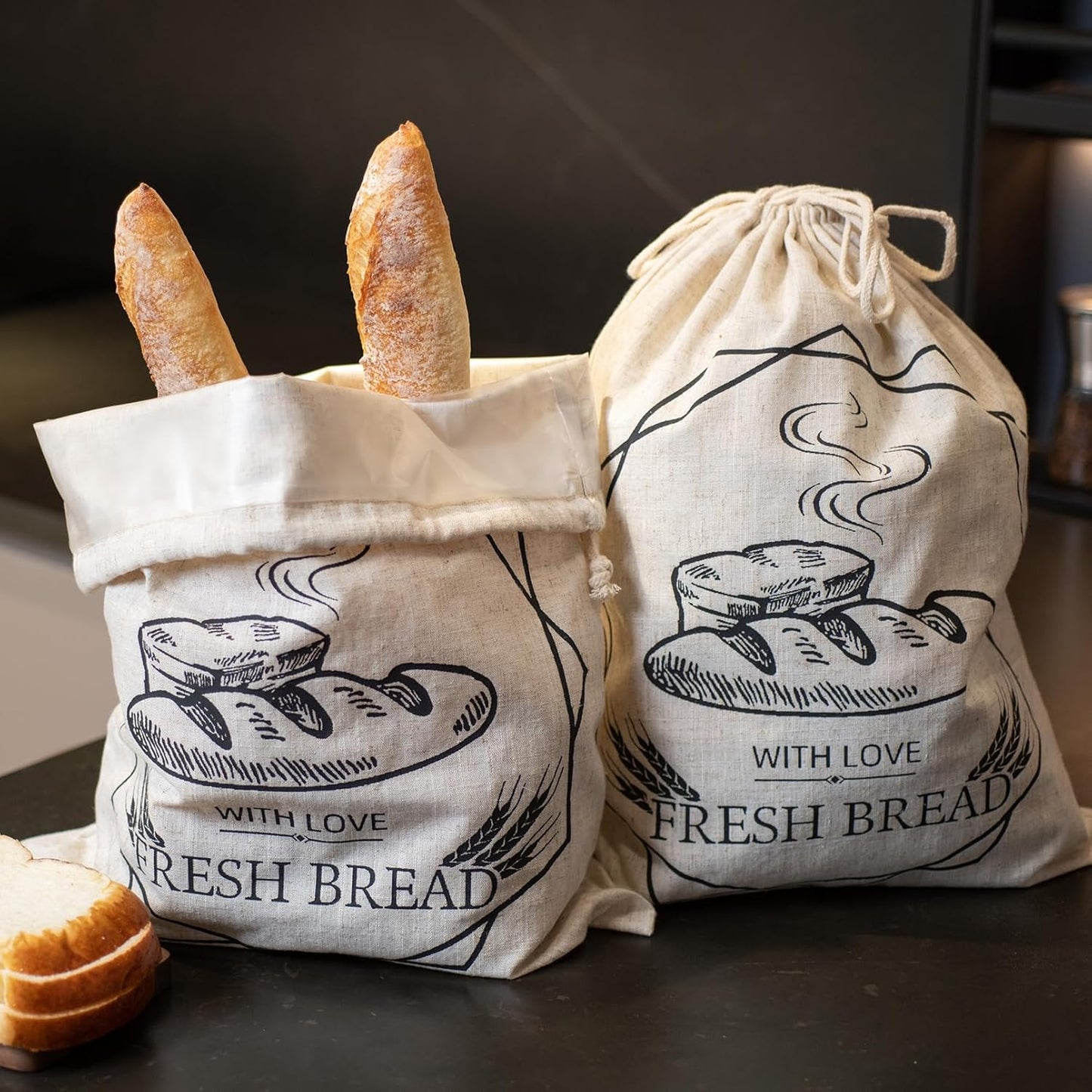 Bread Bags for Homemade Bread,2 Pack Large Sourdough cookies Bags,reusable Linen muffins bag,cloth loaves container for kitchen fresh loaf Storage,with Drawstring Lining Homemade food storage bags