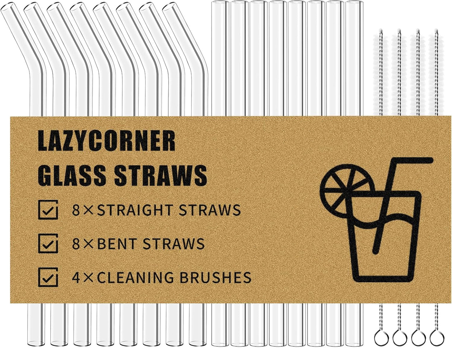 Lazycorner Reusable Glass Straws Set 16 Pcs 8.5''x 10MM Bent Straight Clear Glass Drinking Straws Set of 8 Straight and 8 Bent with 4 Cleaning Brushes Perfect For Smoothies, Tea, Juice-Clear Cocktail.