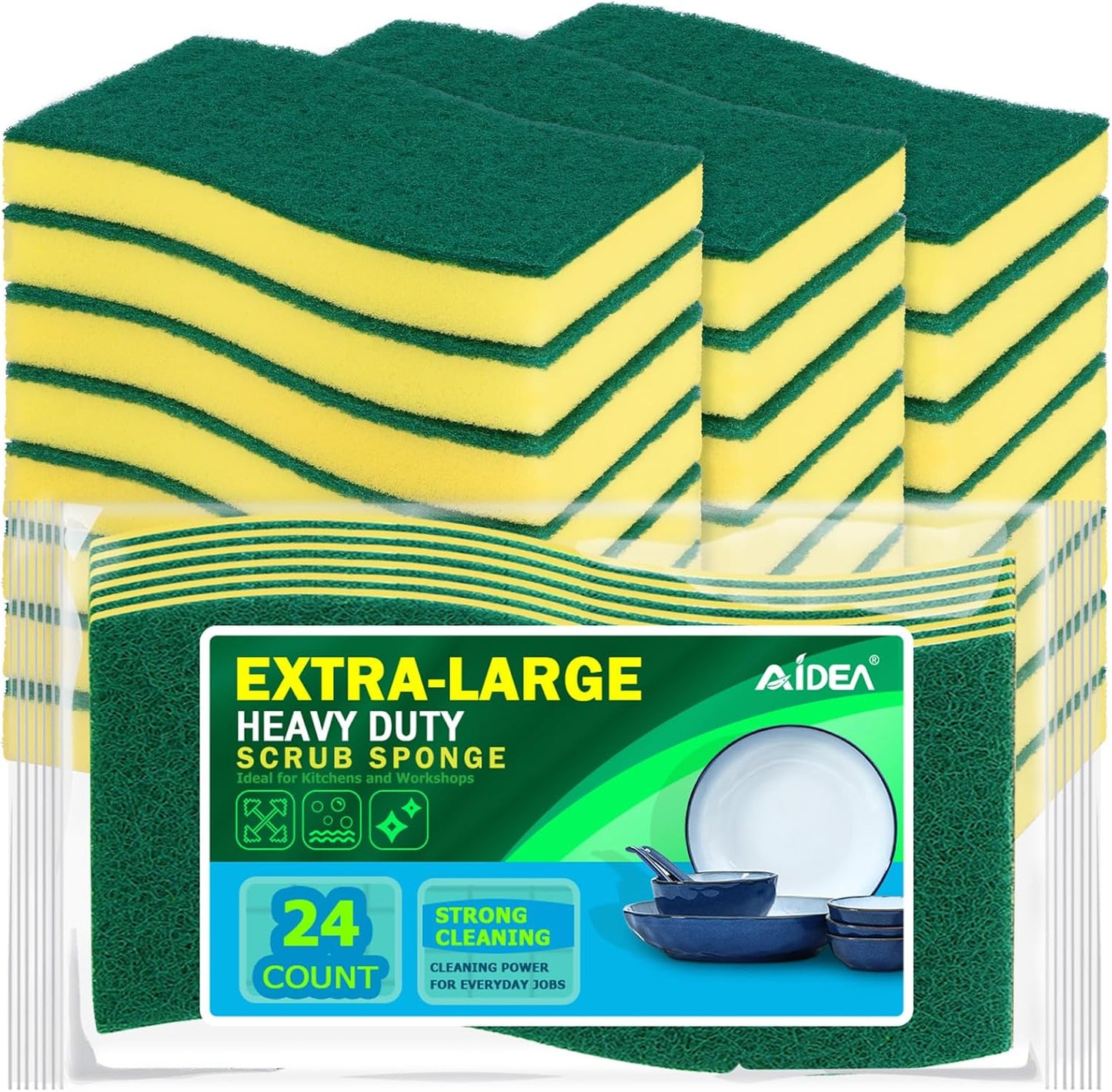 AIDEA Sponges Kitchen, XL Heavy Duty Dish Sponge, Cleaning Dish Scrubber Sponge for Home and Kitchen, Extra Large Cleaning Supplies for Pots, Pans, 24 Pack