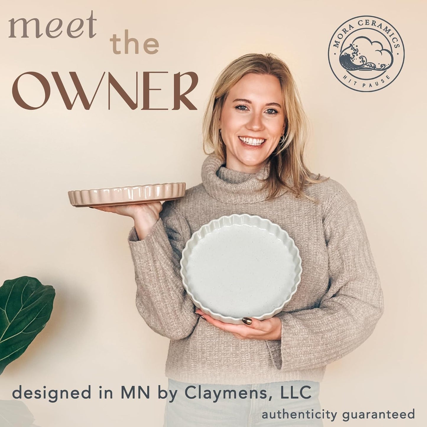 Mora Ceramic Tart Pan, 9.5 Inch Large Porcelain Baking Dish for Tarts, Quiche, Pie, Flan etc. Fluted Ruffled Edge, Oven, Microwave, Freezer, and Dishwasher safe - Great Gift For Bakers - Earl Grey