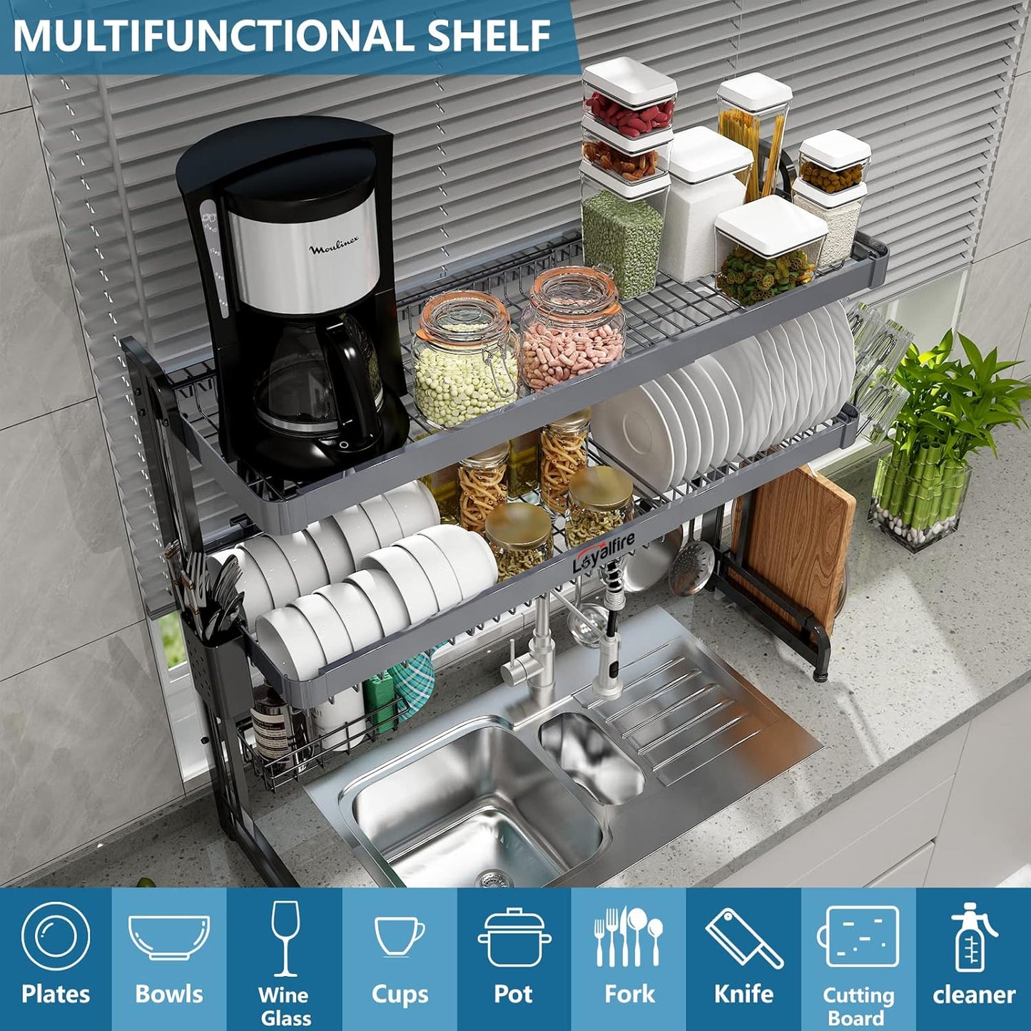 Over Sink Dish Drying Rack, 3 Tier Adjustable Length (20.87'' to 37.6'') Stainless Steel Large Storage Kitchen Dish Rack, Expandable Drainer Shelf Rack with Multifunctional Organizers