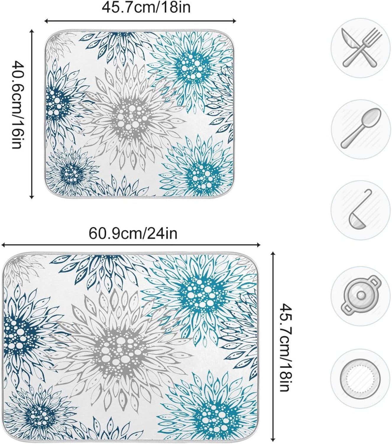 Abstract Flowers Sunflowers Dish Drying Mat for Kitchen Counter Absorbent Microfiber Drying Pad, Medium 16x18 in, Blue White Reversible Drainer Mats