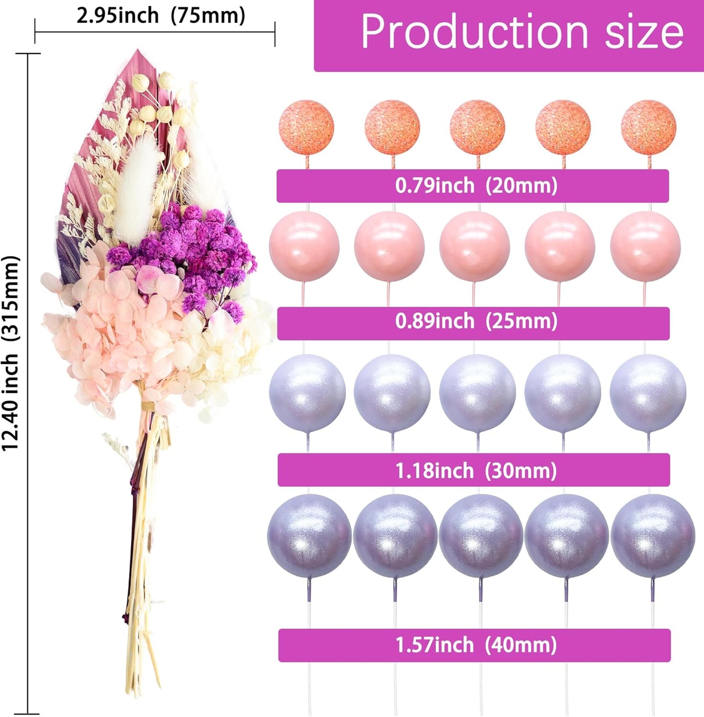 Gyufise 21 Pack Flower Boho Cake Topper Ball Cake Decorations Palm Leaves Plants Cake Decor for Girl Bohemian Princess Theme Wedding Baby Shower Birthday Party Supplies Pink Purple