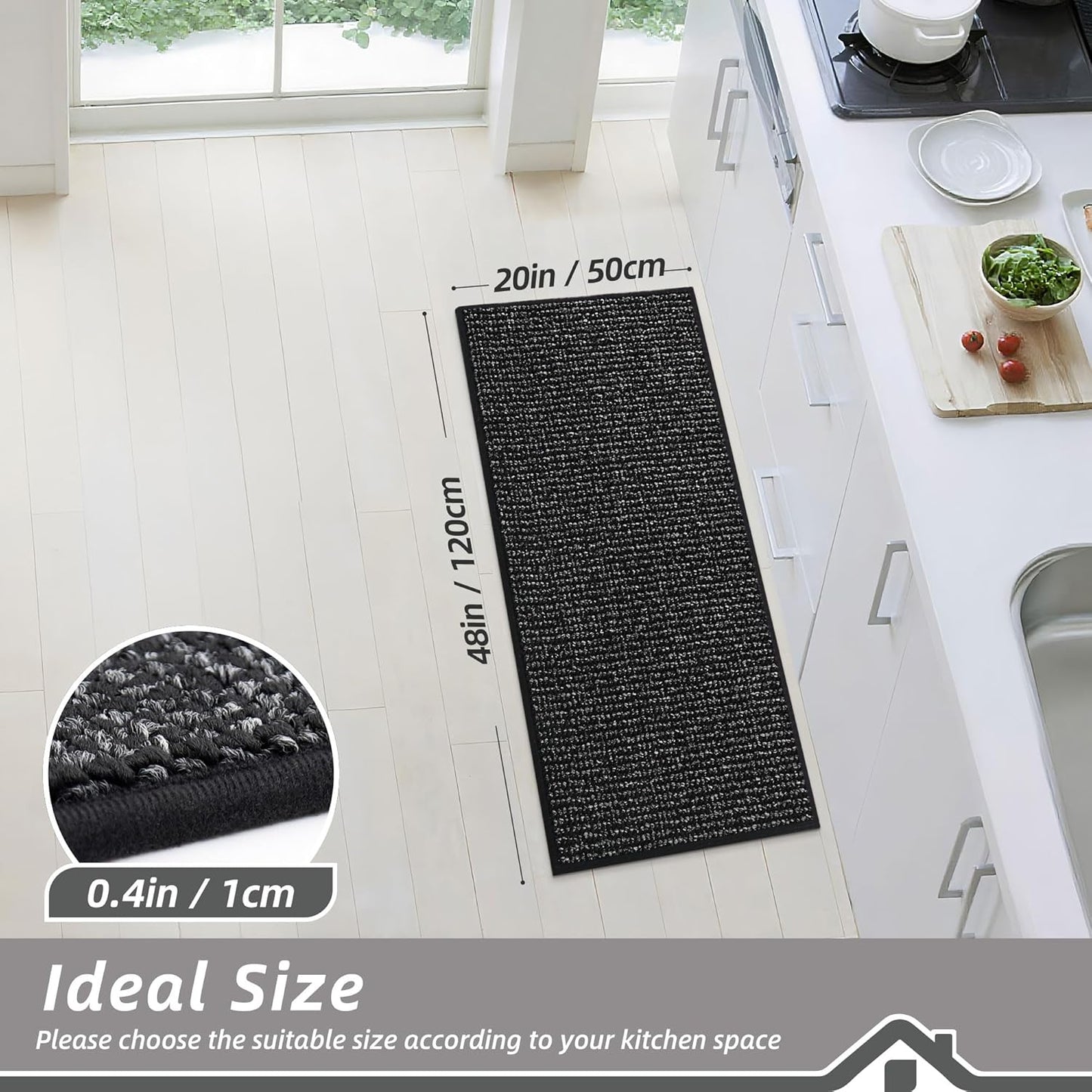 BEQHAUSE Kitchen Runner Rugs 20"x48", Non-Slip Kitchen Mats for Floor, Super Absorbent and Stain Resistant Kitchen Rug, Machine Washable Rugs for Kitchen, Hallway, Laundry & Sink, Black