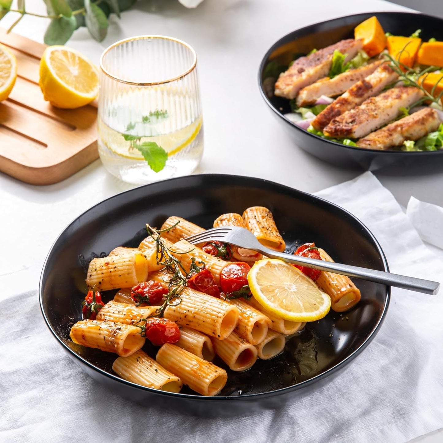 AmorArc 9.75'' Ceramic Large Pasta Bowls, 38oz Stoneware Flat Serving Bowls Set of 4, Oven,Microwave&Dishwasher Safe Bowls with Wavy Rim for Fruit Pasta Salad Meal, Matte Black