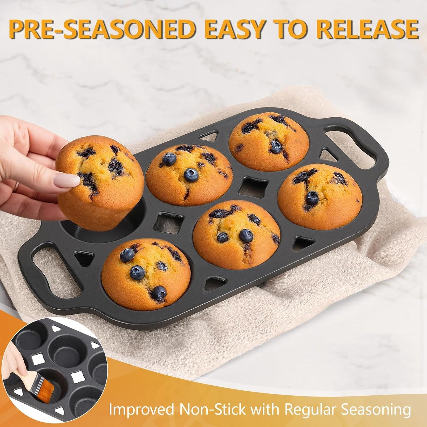 Pre-Seasoned Cast Iron Muffin Pan - 6-Cup Nonstick Cupcake Pan, 2 Piece Set