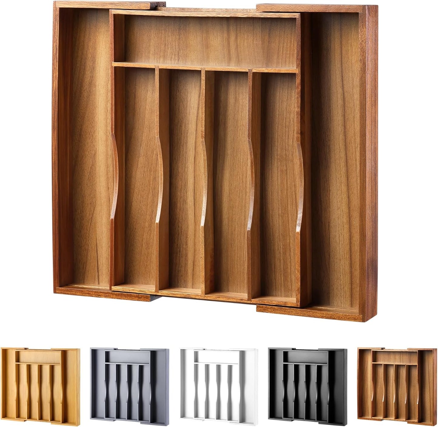 Expandable Acacia Kitchen Drawer Organizer for Cutlery and Utensils, Adjustable Acacia Wood Cutlery Tray in Drawer for Flatware and Silverware in Kitchen
