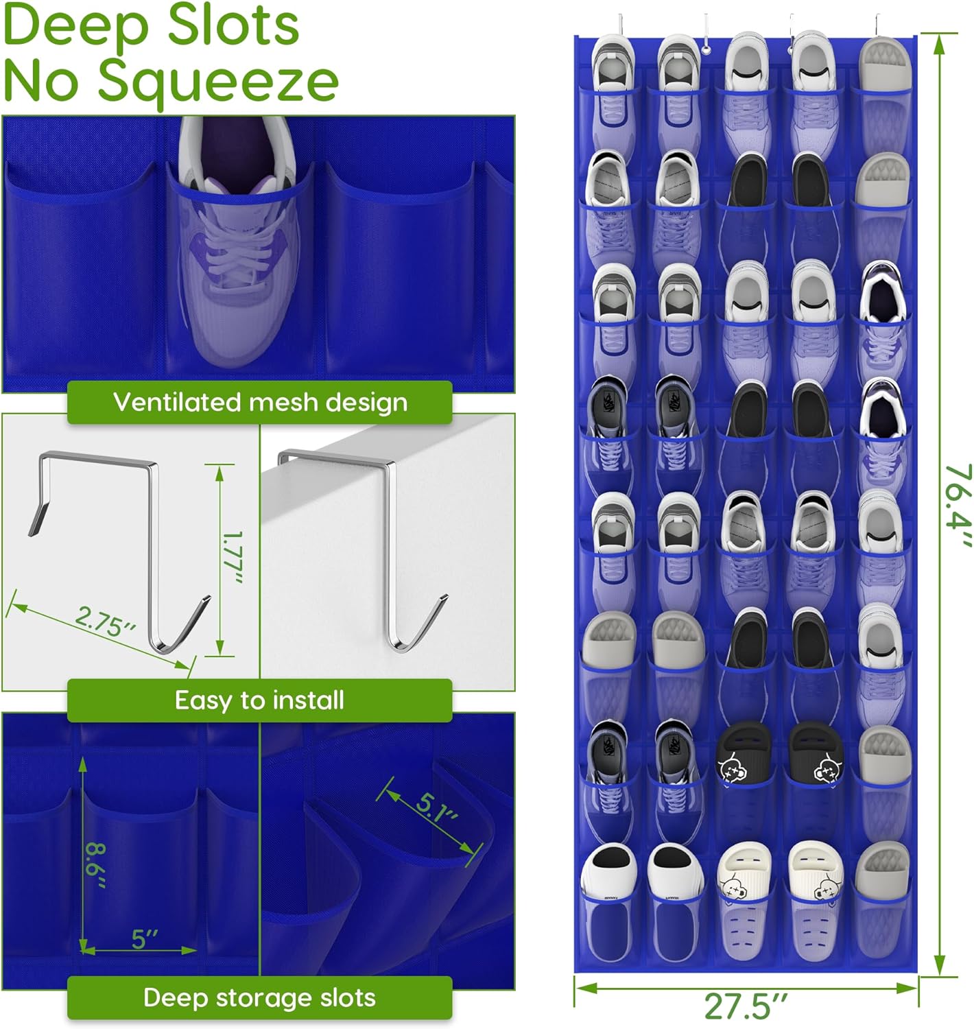 Unjumbly Over the Door Shoe Organizer with 40 Large Breathable Mesh Pockets, Space Saving Shoe Holder, Hanging Shoe Rack for Entryway Bedroom Closet Storage (Navy Blue, 40 Pockets)