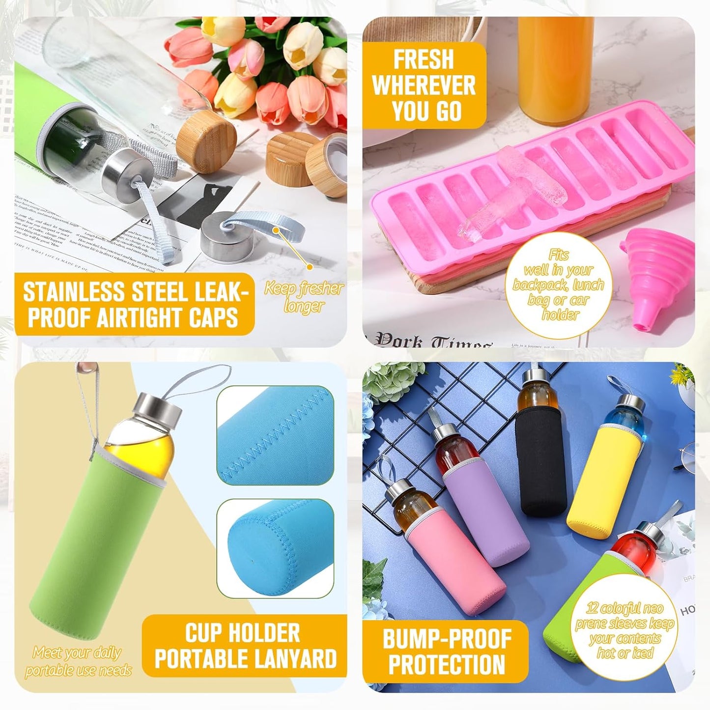 Honeydak 12 Pcs 18 oz Glass Water Bottles Glass Juice Bottles with Protection Sleeves, Stainless Steel and Bamboo Lids Reusable Glasses Funnel, Ice Mold, Brush for Milk Smoothie Beverage Tea