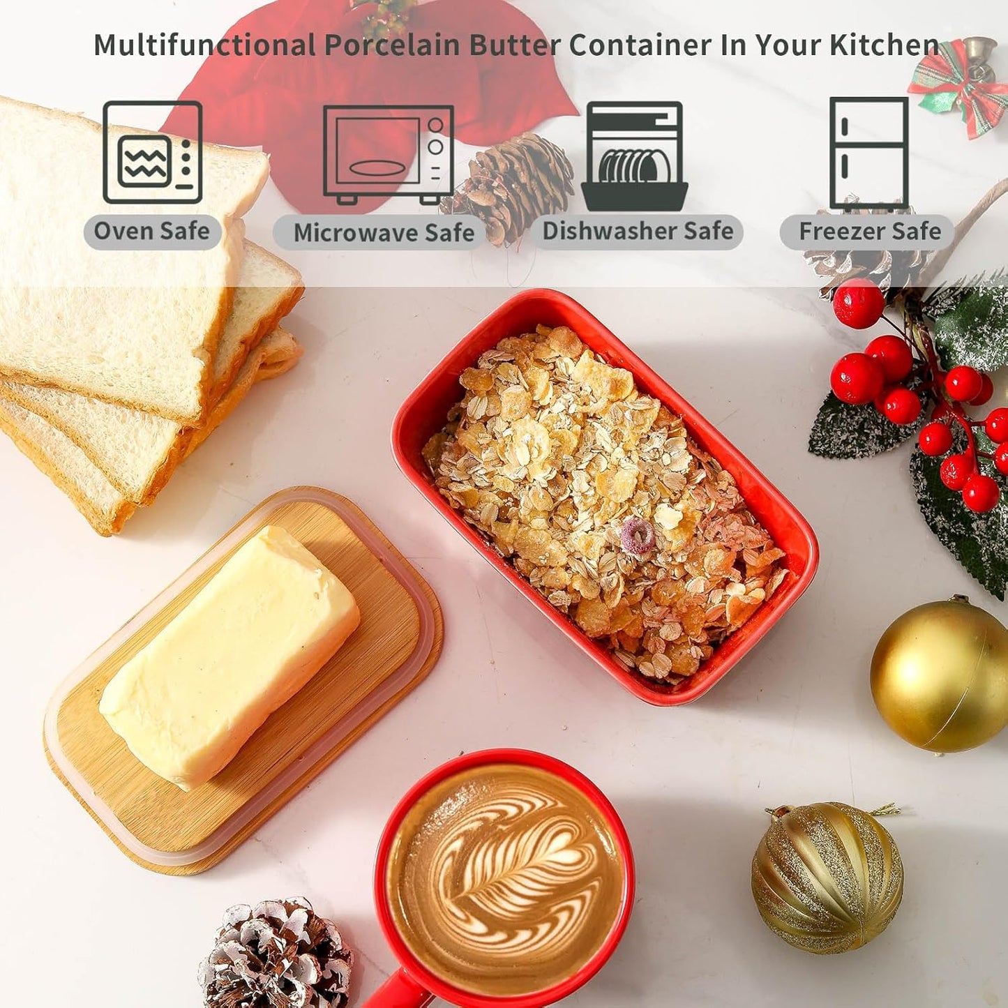 Ceramic Butter Dish with Lid,Large Butter Container with Airtight Cover for Countertop or Refrigerator,Farmhouse Kitchen Butter Holder for New Year Gift,Dishwasher Safe,Red Embossed Pattern