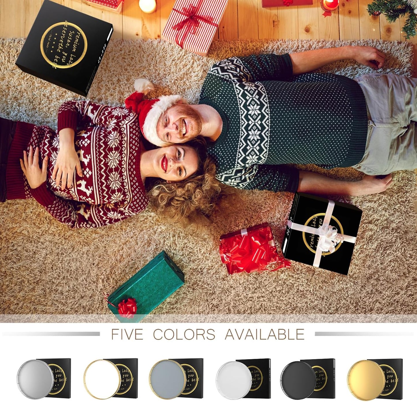 12" Wooden Lazy Susan Turntable for Cabinet – Roud Rotating Spice Rack Organizer, Gray Kitchen Countertop Tray for Dining Table & Pantry Storage （Gray & Gold）