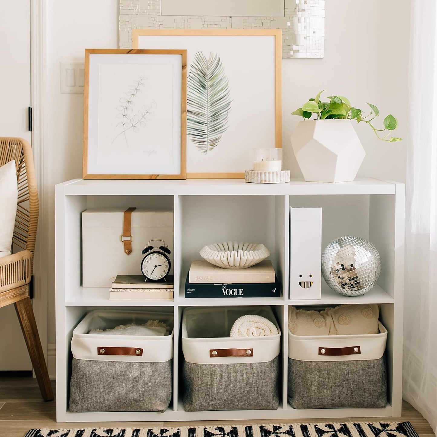 OrganiHaus Extra Large Fabric Storage Baskets for Shelves 3 Pack | 16x13in Closet Storage Bins for Shelves | Cloth Baskets for Organizing | Linen Closet Organizers | Fabric Storage Bin - Gray/White