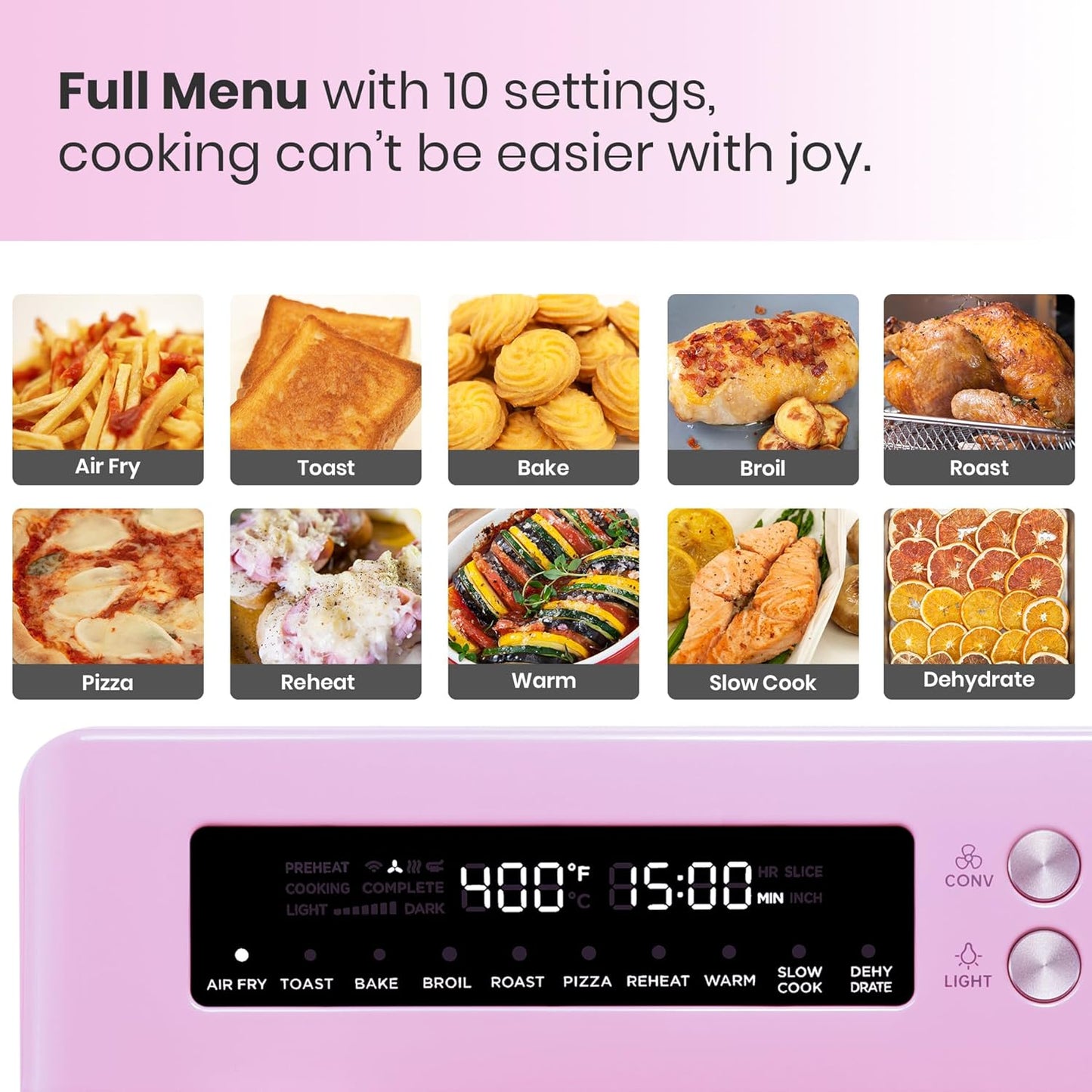 Retro Style Infrared Heating Air Fryer Toaster Oven, Extra Large Countertop Convection Oven 10-in-1 Combo, 6-Slice Toast, Enamel Baking Pan Easy Clean with Recipe Book, Classic Pink Color
