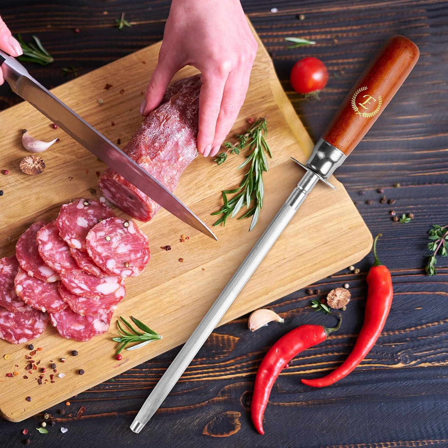 Knife Sharpener Rod, Kitchen Knives Sharpener Carbon Steel Professional Knife Sharpening Steel, Honing Rod with Hanging Holes (13 inches), E