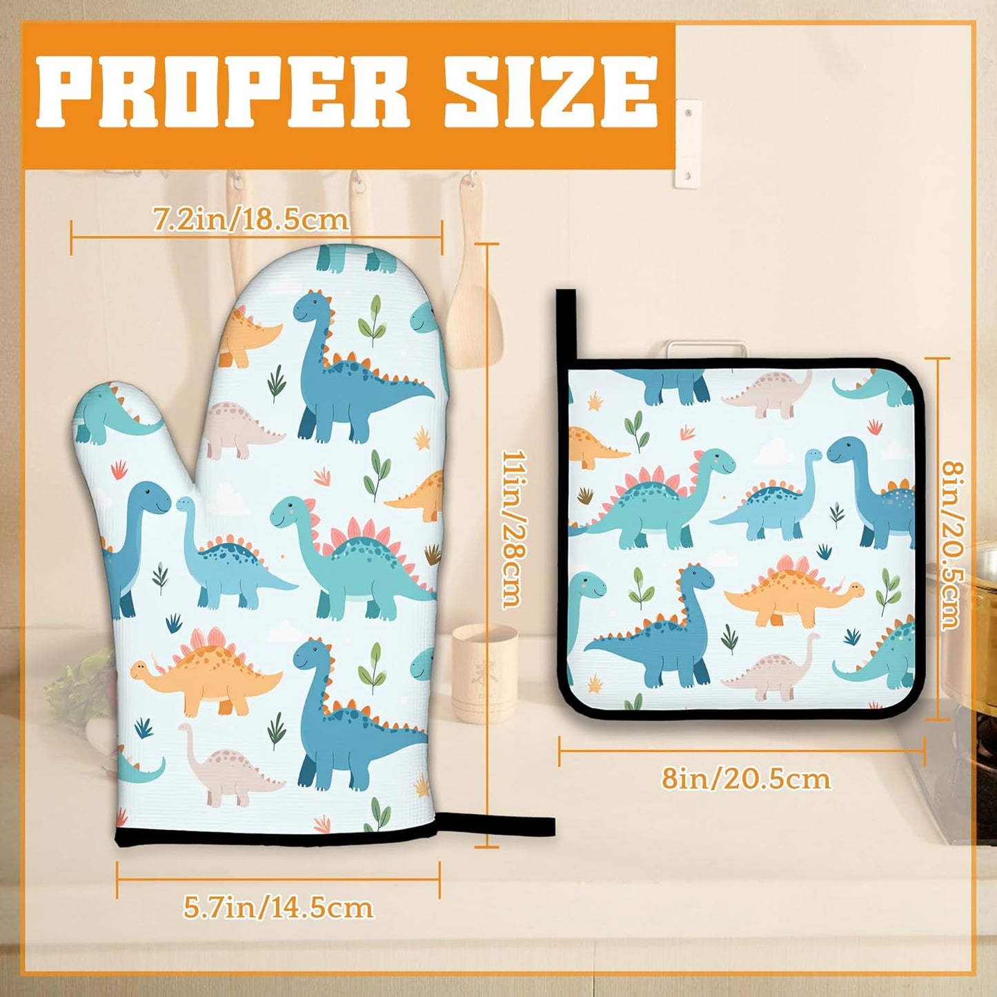 Cute Dinosaur Oven Mitts and Pot Holders,Heat Resistant Oven Mitts Gloves and Pot Holder for Home Kitchen Decorations Cooking Baking BBQ Gifts,Set of 4