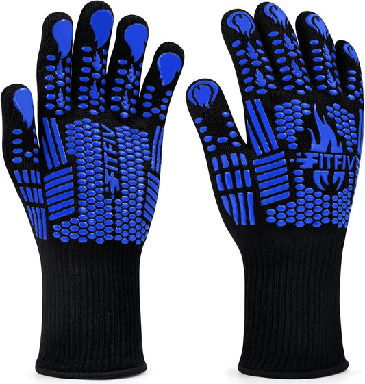 BBQ Gloves, Oven Gloves, 1472°F Extreme Heat Resistant Barbecue Gloves, Silicone Non-Slip Oven Mitts, Kitchen for Cooking, Grilling, and Baking (Blue)