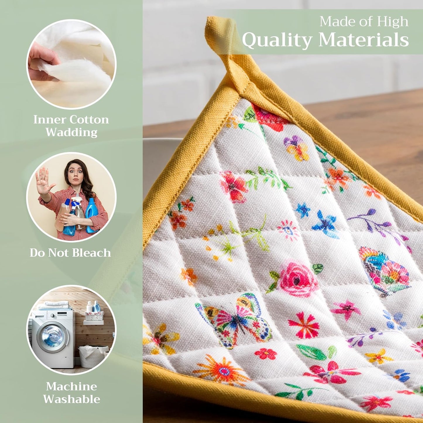 Maison d' Hermine Pot Holders 100% Cotton Heat Resistant Potholders 8" x 8" Hot Pads with Loop BBQ, Cooking, Grilling, Kitchen, Handling Hot Pans Spring/Summer (Pack of 1, Happy Florals - Sweety)