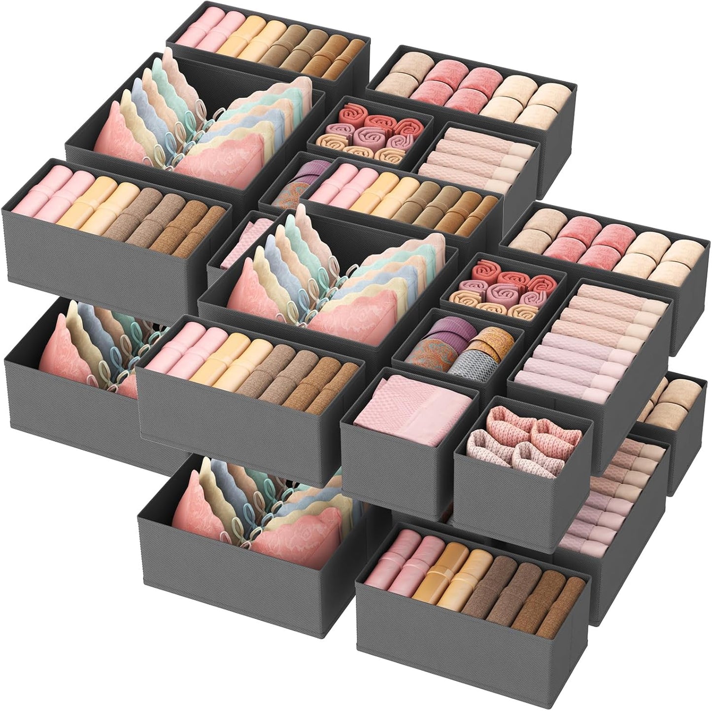 Lifewit Drawer Organizer Clothes for Closet 32 Pack, 3 Sizes Underwear Wardrobe Drawer Dividers, Fabric Foldable Dresser Storage Organizer Bins for Sock/Bra/Lingerie/Undies, Gray