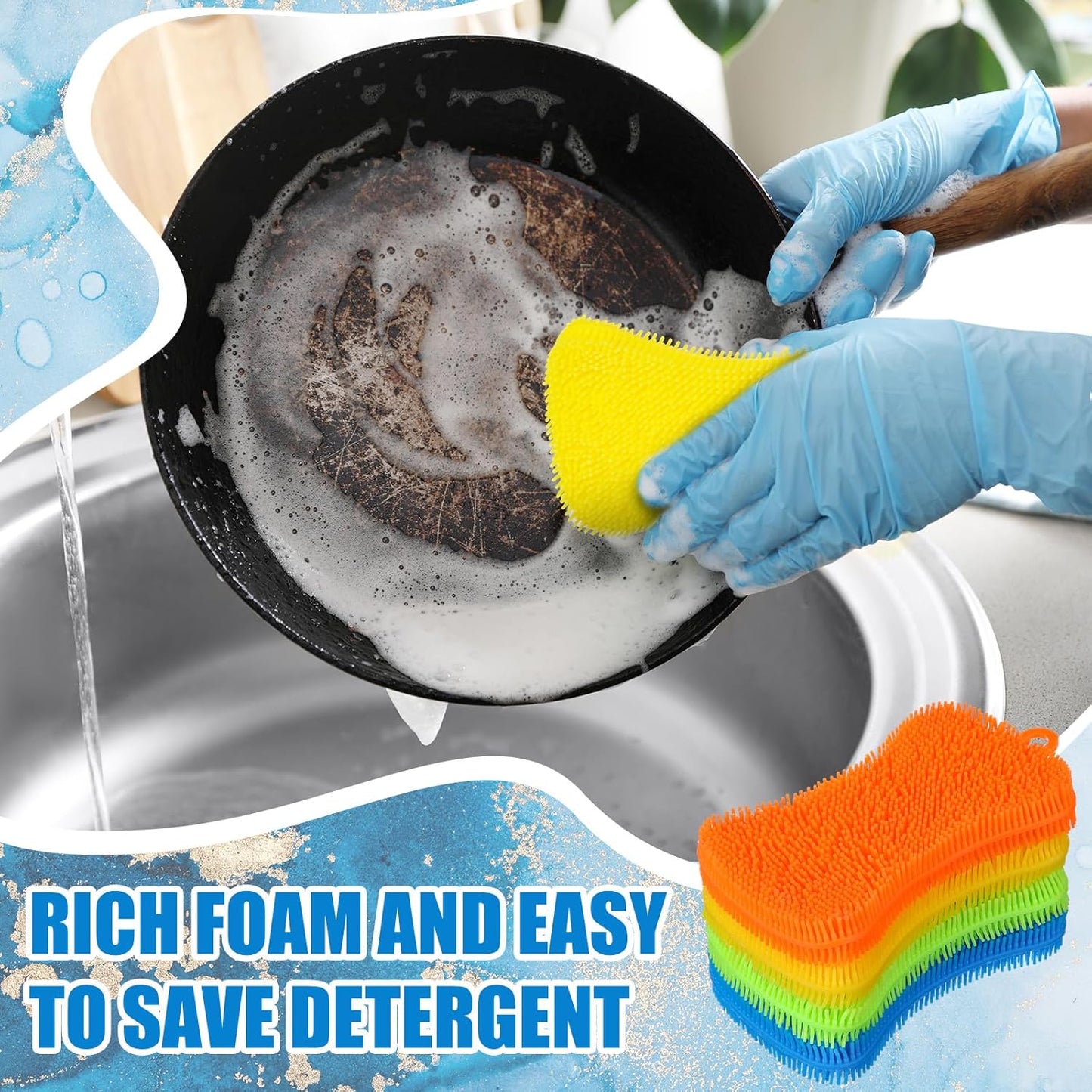 Patelai 10 Pieces Silicone Dish Sponge Silicone Scrubber Reusable Kitchen Scrubbing Cleaning Sponge Soft Dish Scrubber for Fruit Vegetable (Hanging Brush)