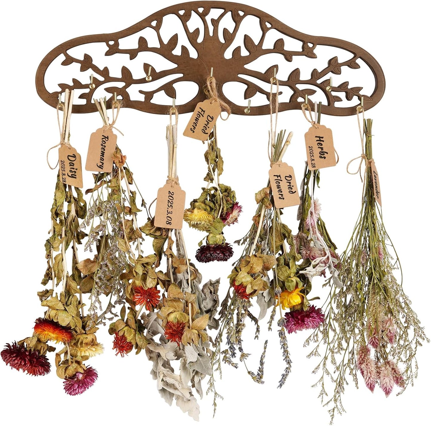 Liitrton Herb Drying Rack Hanging, Wall-mounted Drying Rack for Herbs, Wooden Tree Decor Design, Holds 11 Hooks with Rope and Kraft Labels, Space-saving Plant Herb Flower Dryer, Wall Art Decor