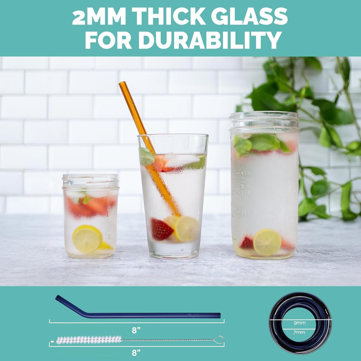 Simply Straws 8 Inch Glass Straws Bent (6-Pack) – Reusable Glass Straws for Pints & Juice Drinkware, with Cleaning Brush – Dishwasher Safe, Hot & Cold Use, BPA-Free (Iridium)