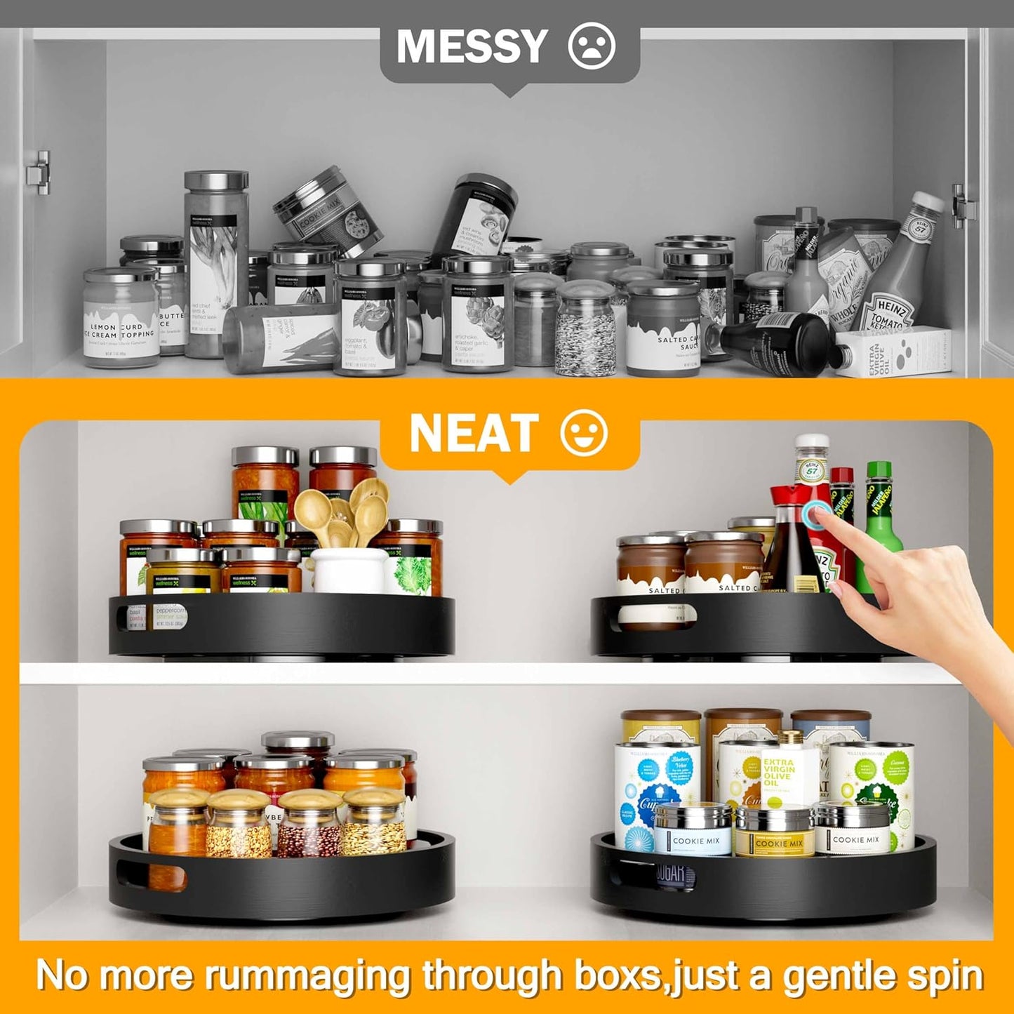 Lazy Susan Organizer Homerays 13 Inch Non-Skid Bamboo Lazy Susan for Kitchen Rotating Spice Rack with Handles, Wood Turntable for Kitchen Cabinet,Countertop (Black, Large)