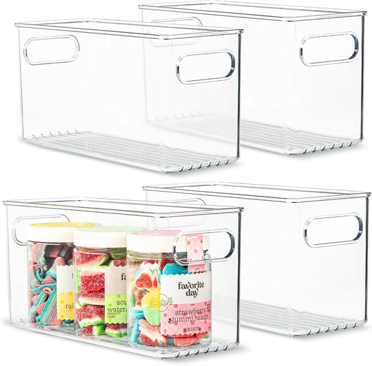 Clear Plastic 4 Pack Storage Container Bin with Integrated Easy Grip Handles. For Kitchen, Fridge, Freezer, Cabinet, Pantry, Bathroom Organization. 10"x4"x5"