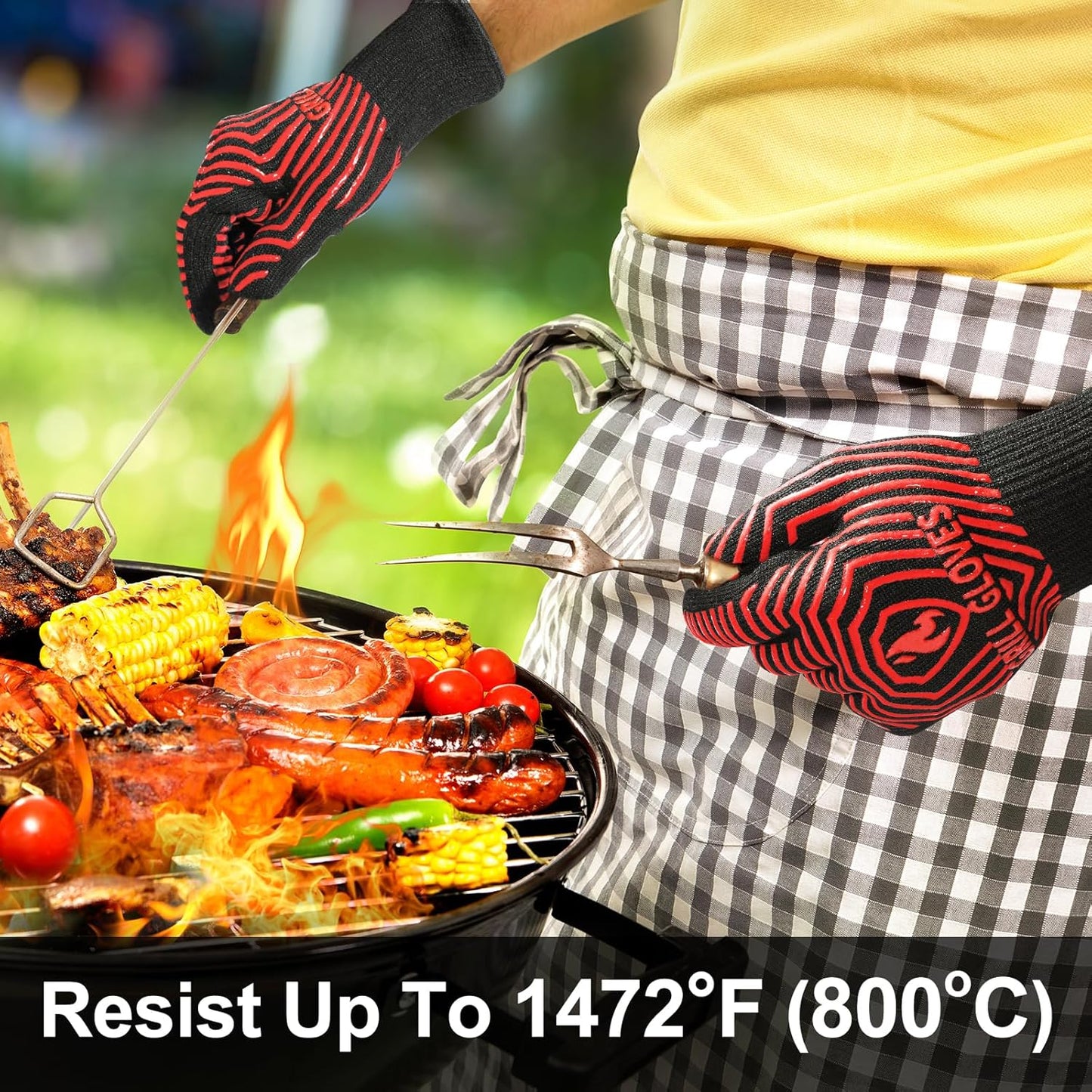 QUWIN BBQ Gloves, BBQ Accessories 1472℉ Extreme Heat Resistant, Grilling Gloves Silicone Non-Slip Oven Mitts, Kitchen Gloves for BBQ, Grilling, Cooking, Baking-1 Pair 11inch, Red