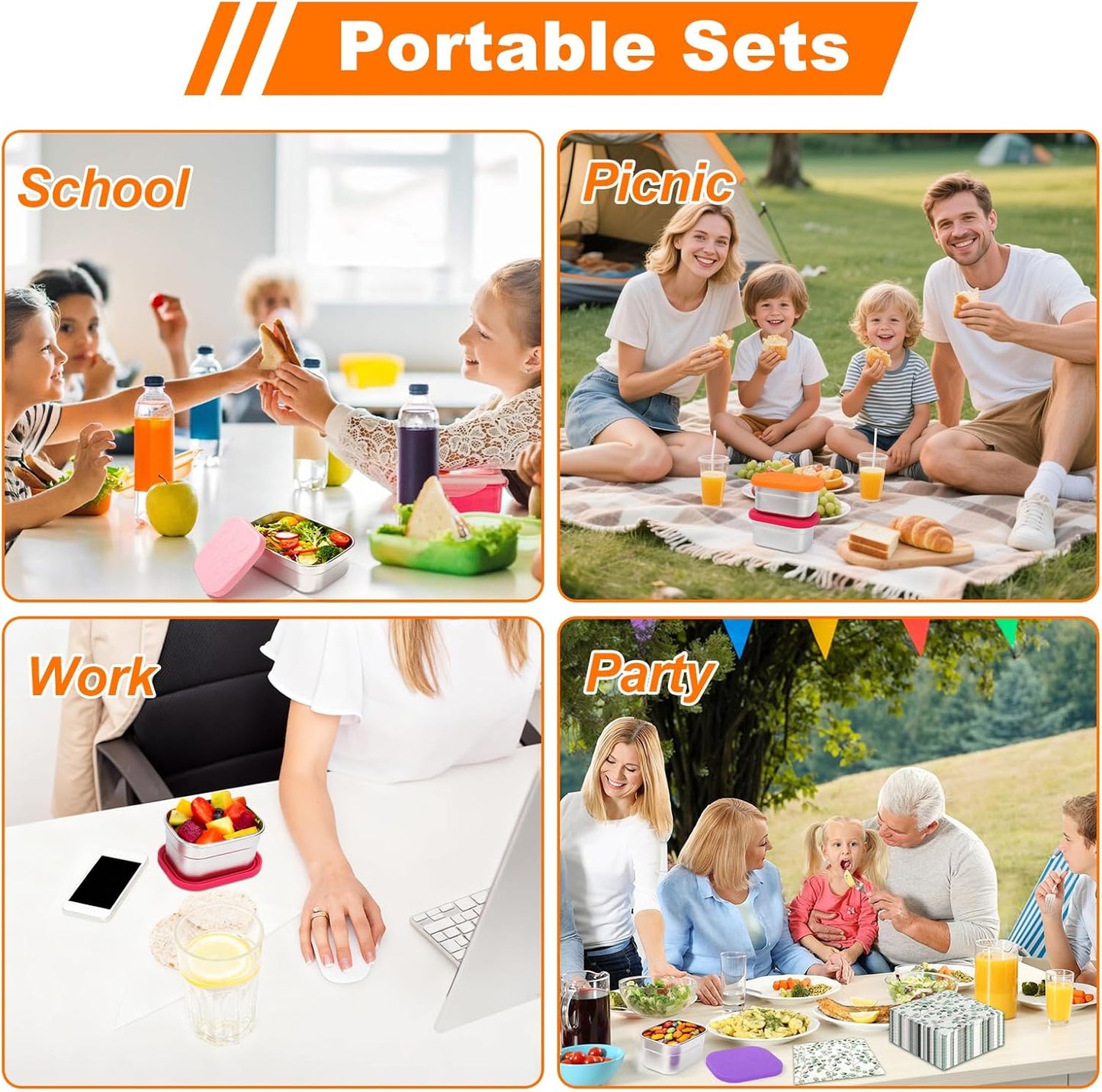 4 Pack Stainless Steel Snack Containers with Lids Set, 10oz Rectangular Easy Open Leakproof Reusable Snack Box Container for Lunch, Small Lunch Food Containers for Meal Prep, Salad Dressing To Go