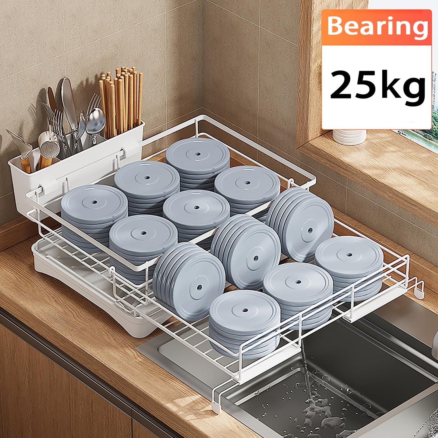 Large Dish Drying Rack - Expandable Dish drainers for Kitchen Counter,Over The Sink Dish Drainer Drying Rack,Rustproof Dish Drainer with Utensil Holder and Drainboard White