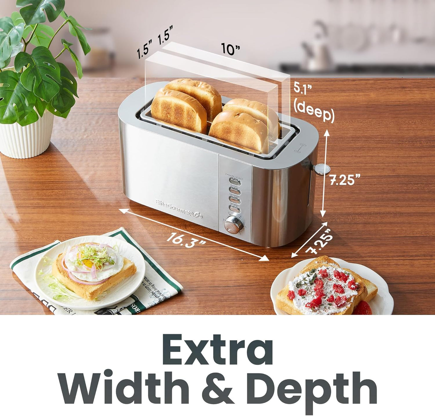 Elite Gourmet ECT4123X Long Slot 4 Slice Toaster, Extra Wide 1.5" and 5.1" Deep Slots, Bagel, Defrost & Cancel Functions, 6 Toast Shade Settings, Fits Bagels, Waffles, Artisan Breads, Stainless Steel