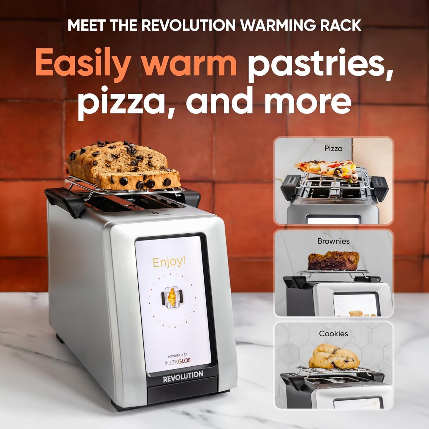 Revolution R180 Connect Plus Smart Toaster Bundle with Toastie Press & Warming Rack – Touchscreen, 2-Slice Wide Slot, InstaGLO 2.0 Tech, Digital Picture Frame– Toast Bread, Bagels, Waffles, Tortillas