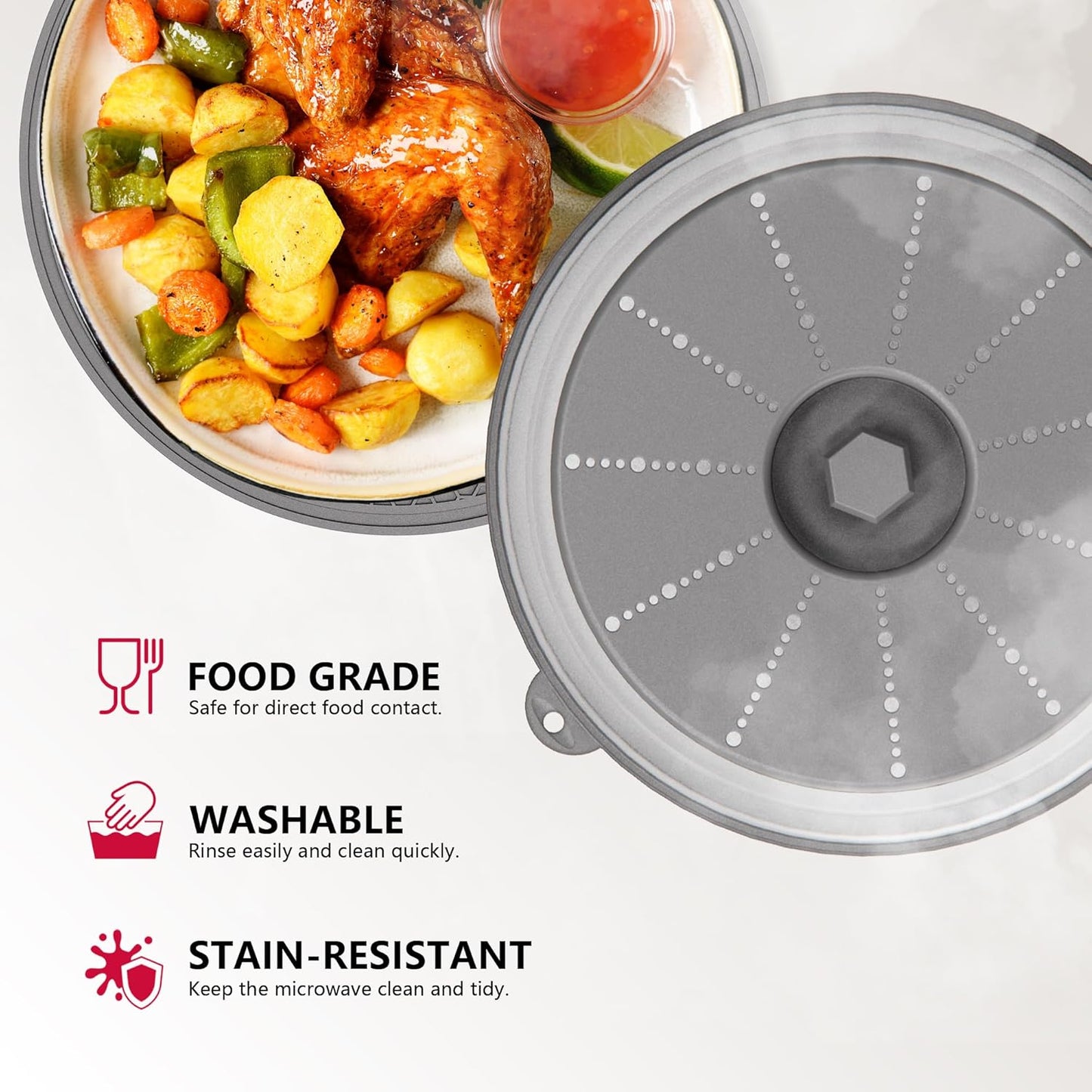 WVM Microwave Splatter Cover & Mat, Vented Collapsible Splatter Guard dish Plate lid & Silicone Round Kitchen Mat for Food, Meal Prep, Grey