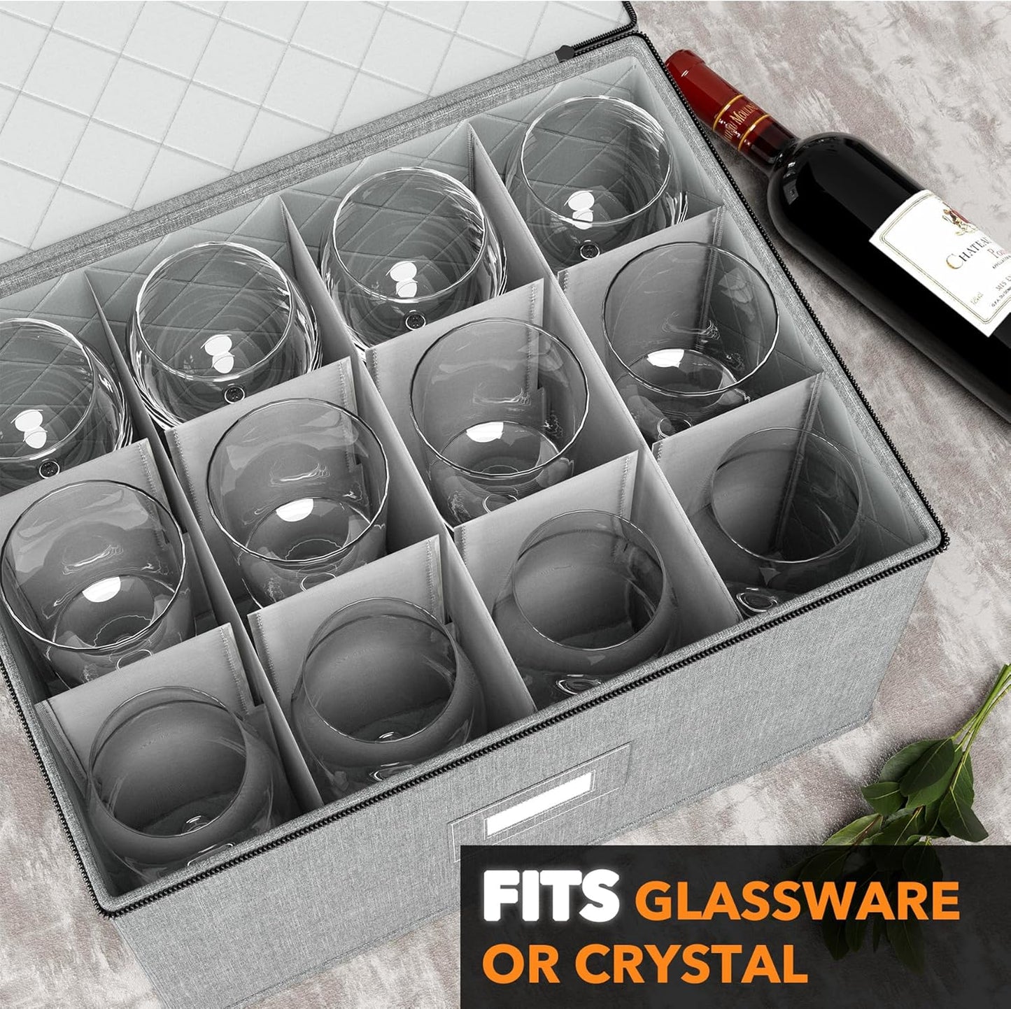 SpaceAid Wine Glass Stemware Storage 2 Pack, China Storage Containers, Hard Shell Quilted Cases with Soft Plate Separators, Moving Supplies Packing Boxes for 24 Glasswares (Grey)