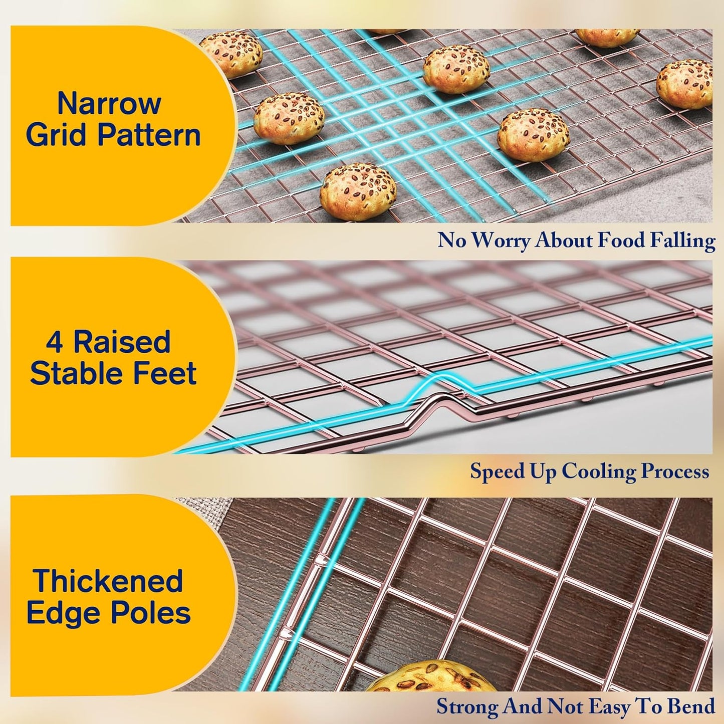 2PCS Cooling Racks for Cooking and Baking - 10" x 16"Heavy Duty Stainless Steel Wire Rack for Baking, Grilling, Roasting - Oven & Dishwasher Safe - Fits Half Sheet Pan（Rose Gold）